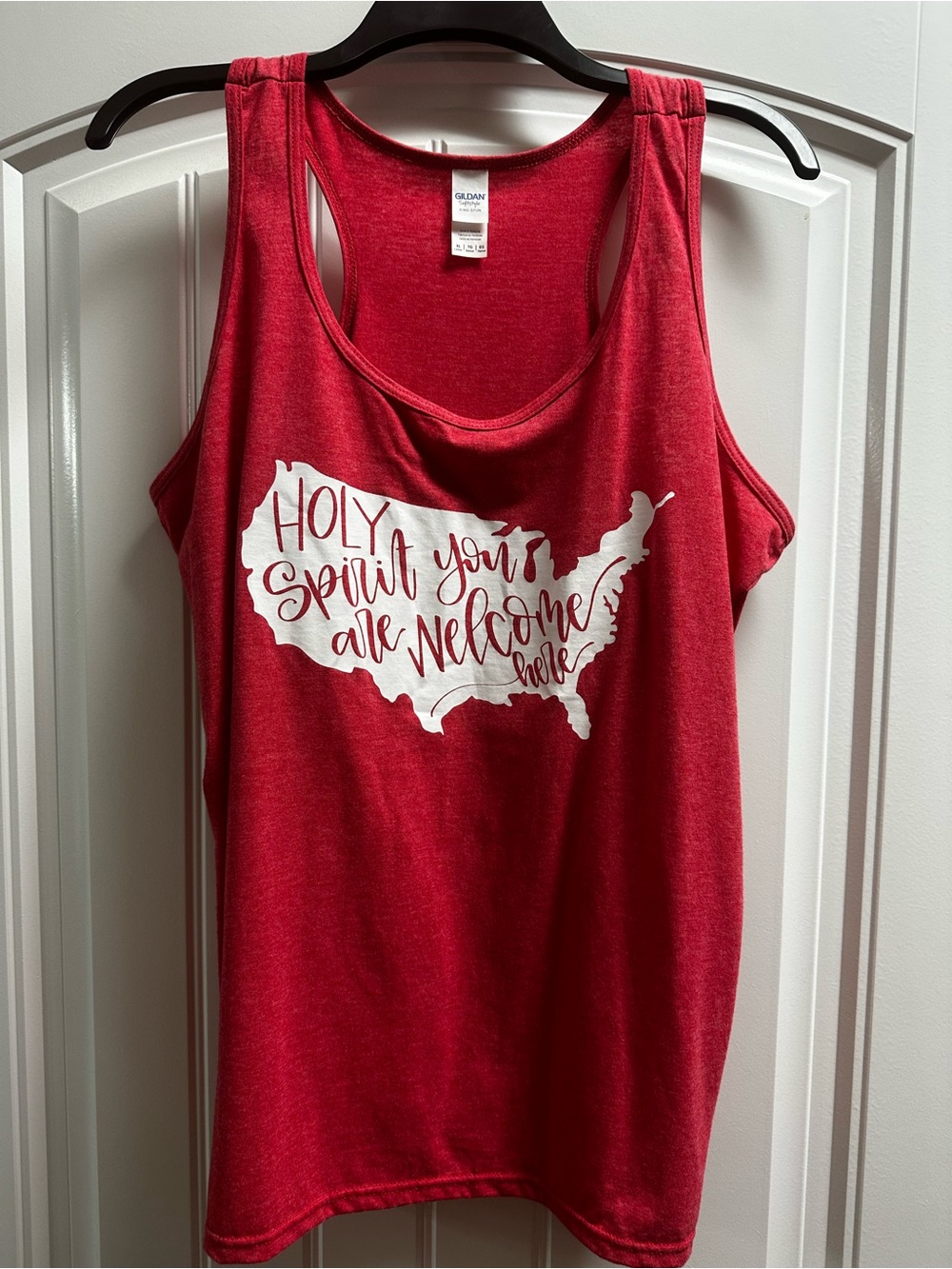 Gildan Red Graphic Tank Top - "Holy Spirit You're All Welcome Here" xl